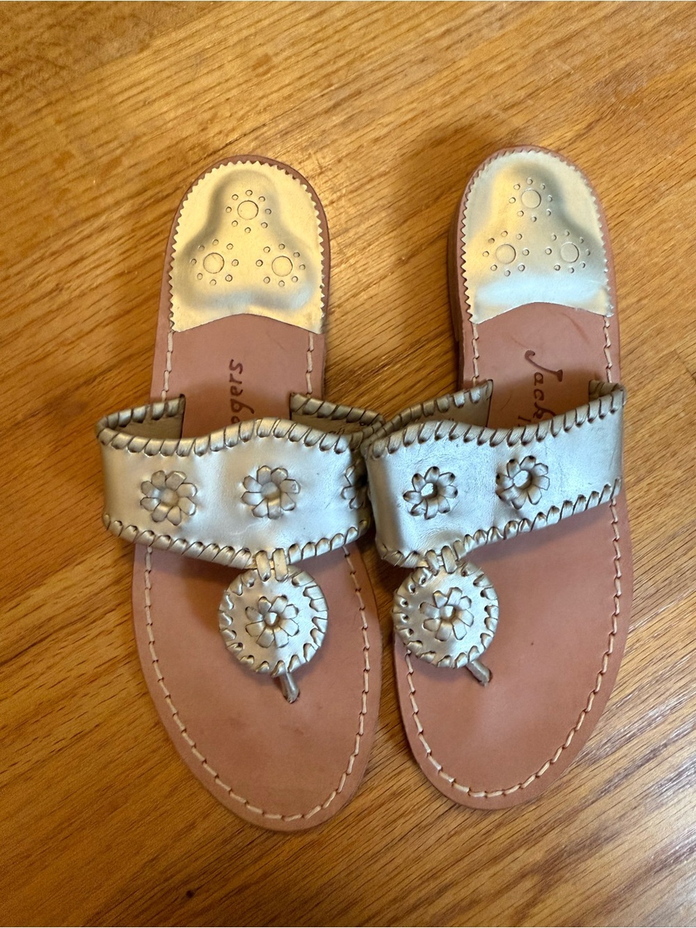 Jack Rogers Gold Leather Floral Medallion Slide Sandals